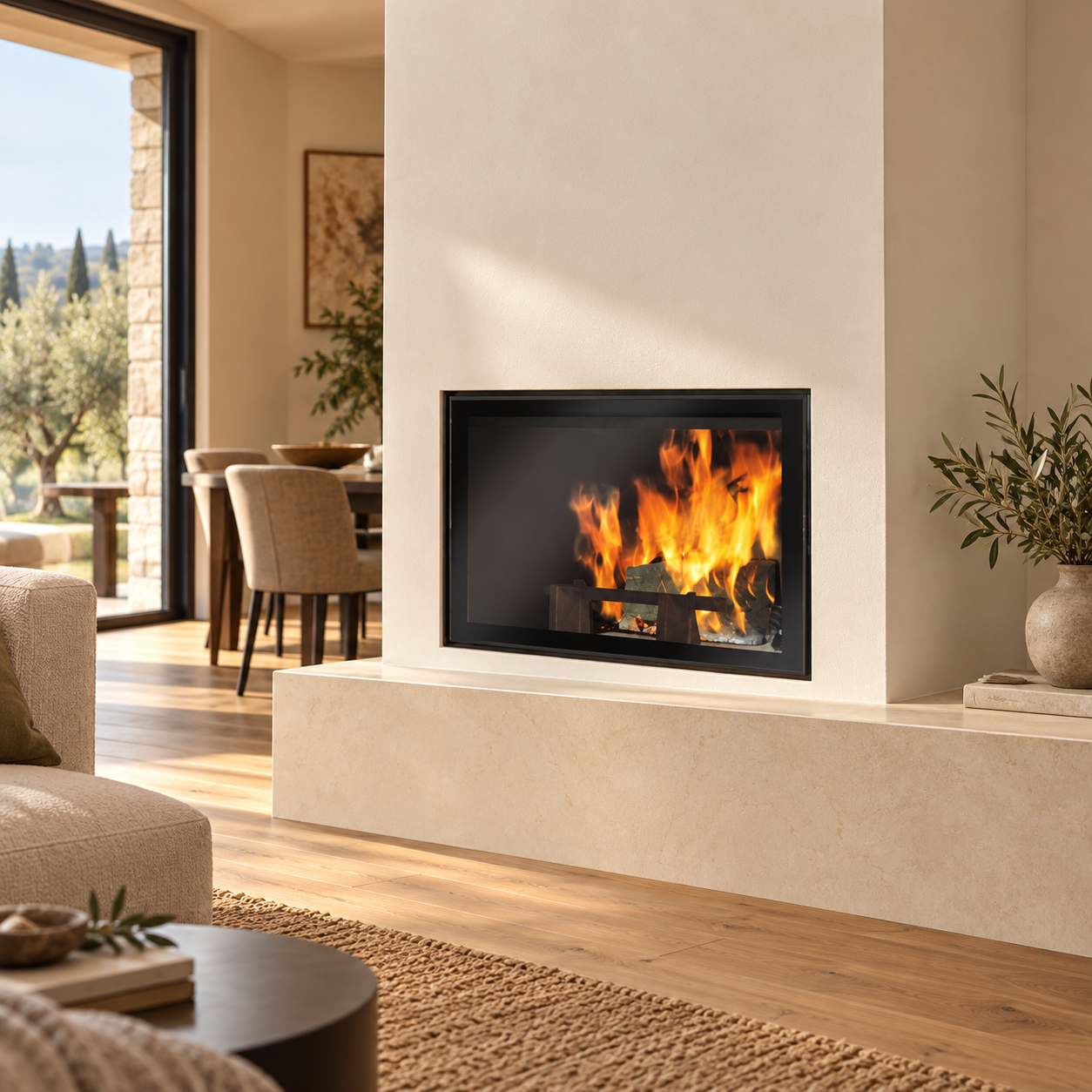 Edilkamin Acquatondo 22 Piano: esempio ambientato con rivestimento, solo vetro frontale visibile