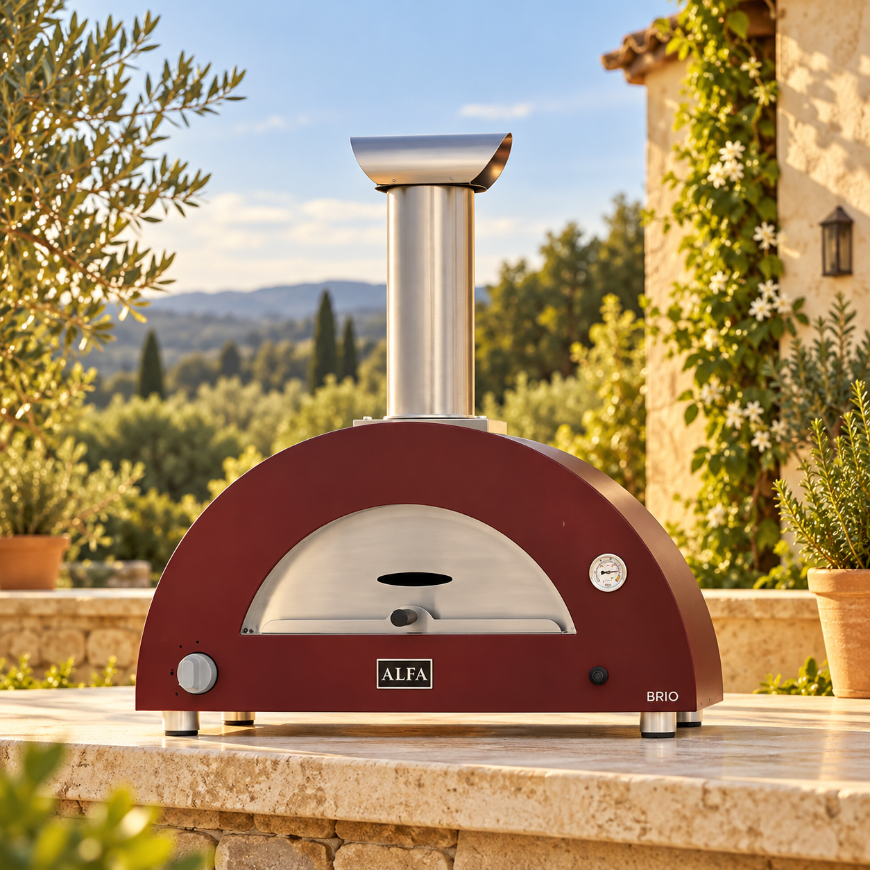 Forno Alfa Brio rosso antico ambientato in una cucina esterna