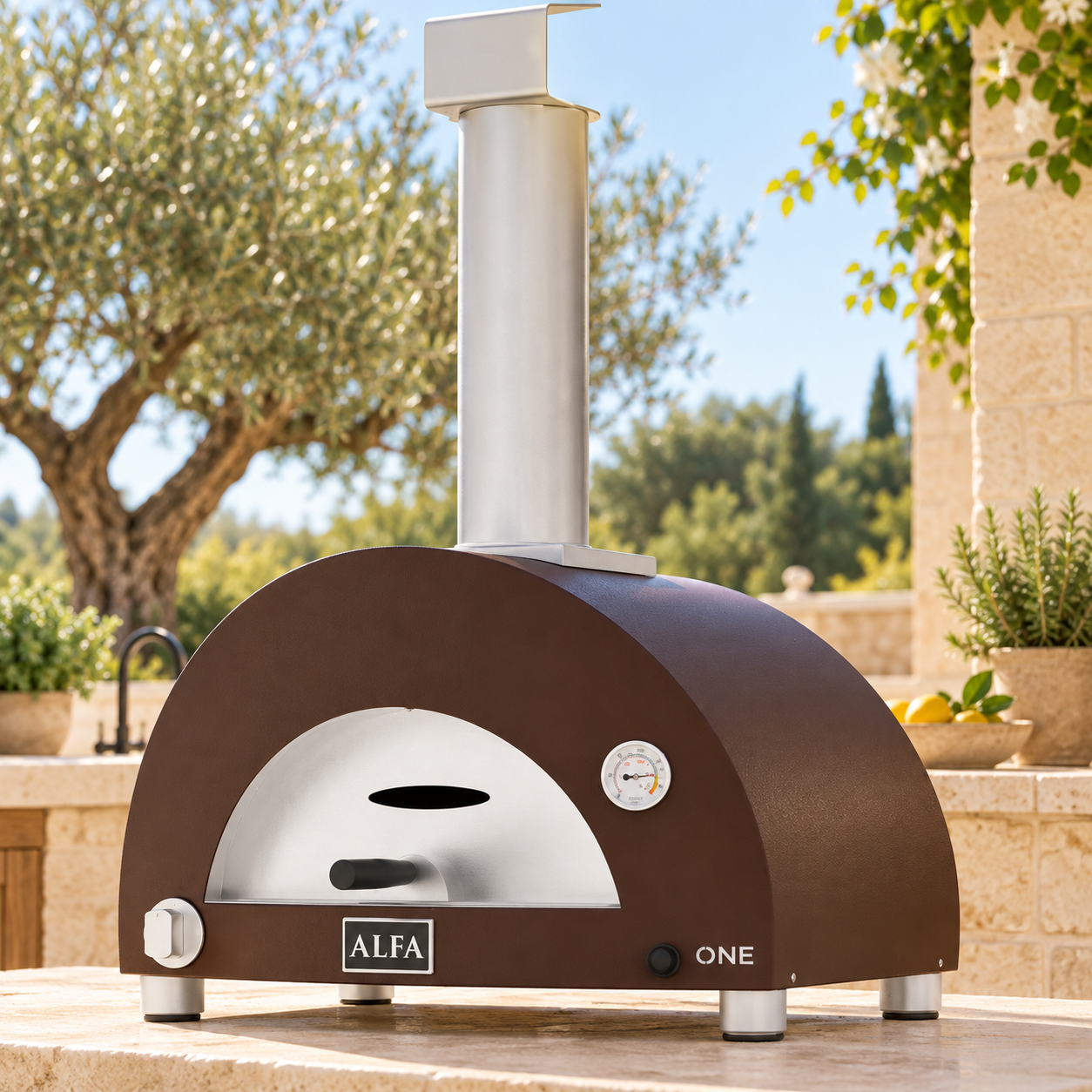 Forno Alfa One a gas rame ambientato in una cucina esterna