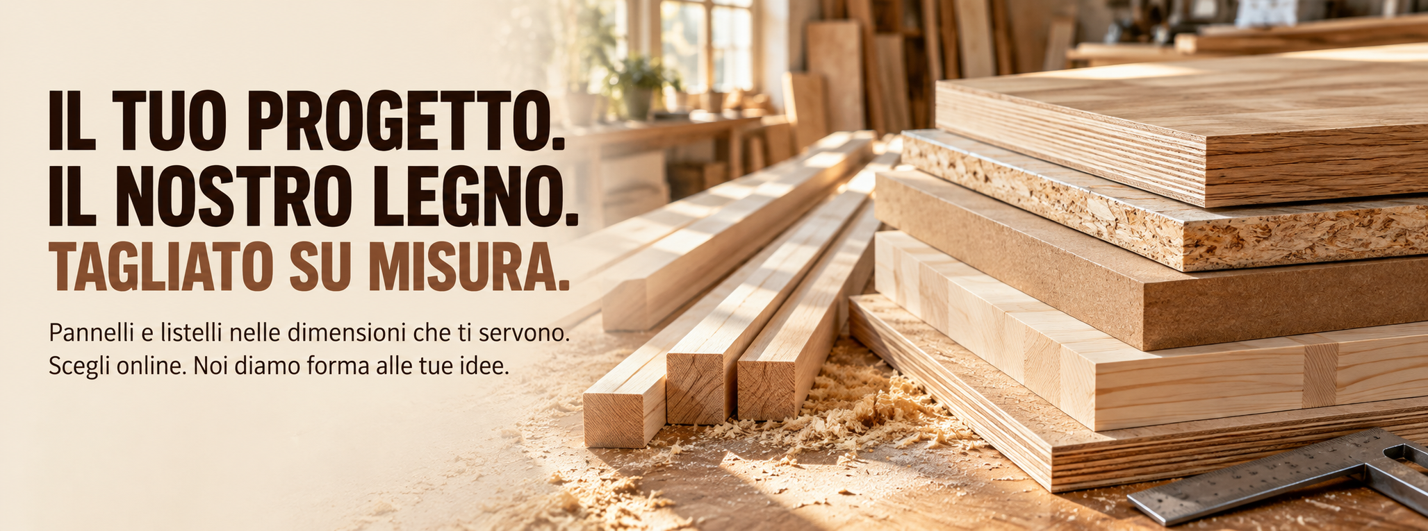 Il tuo progetto. Il nostro legno. Tagliato su misura. Pannelli e listelli nelle dimensioni che ti servono.