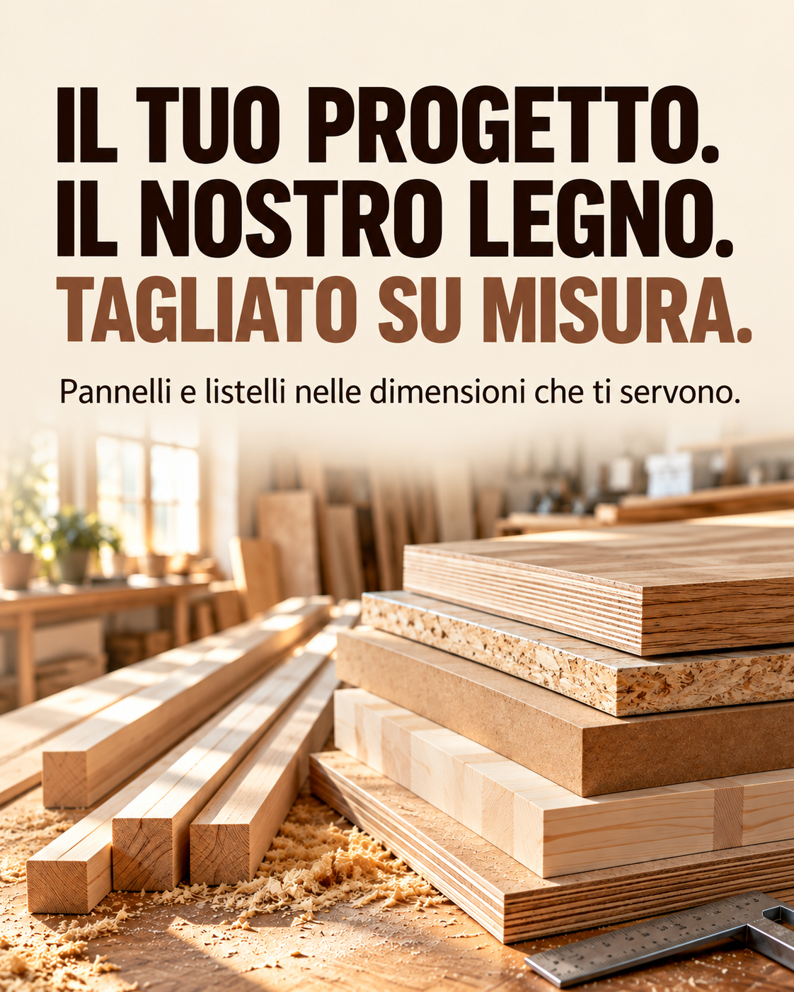 Il tuo progetto. Il nostro legno. Tagliato su misura. Pannelli e listelli nelle dimensioni che ti servono.