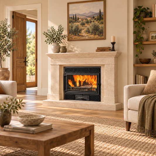 Inserto a legna Firebox Deco 54 - 9,6 kW - ambientazione illustrativa con proporzioni realistiche; rivestimento e arredi non inclusi