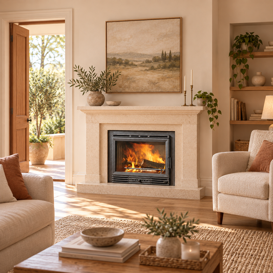 Inserto a legna Kubicalor 2 Ecostar V 9,6 kW - ambientazione illustrativa con proporzioni realistiche; rivestimento e arredi non inclusi