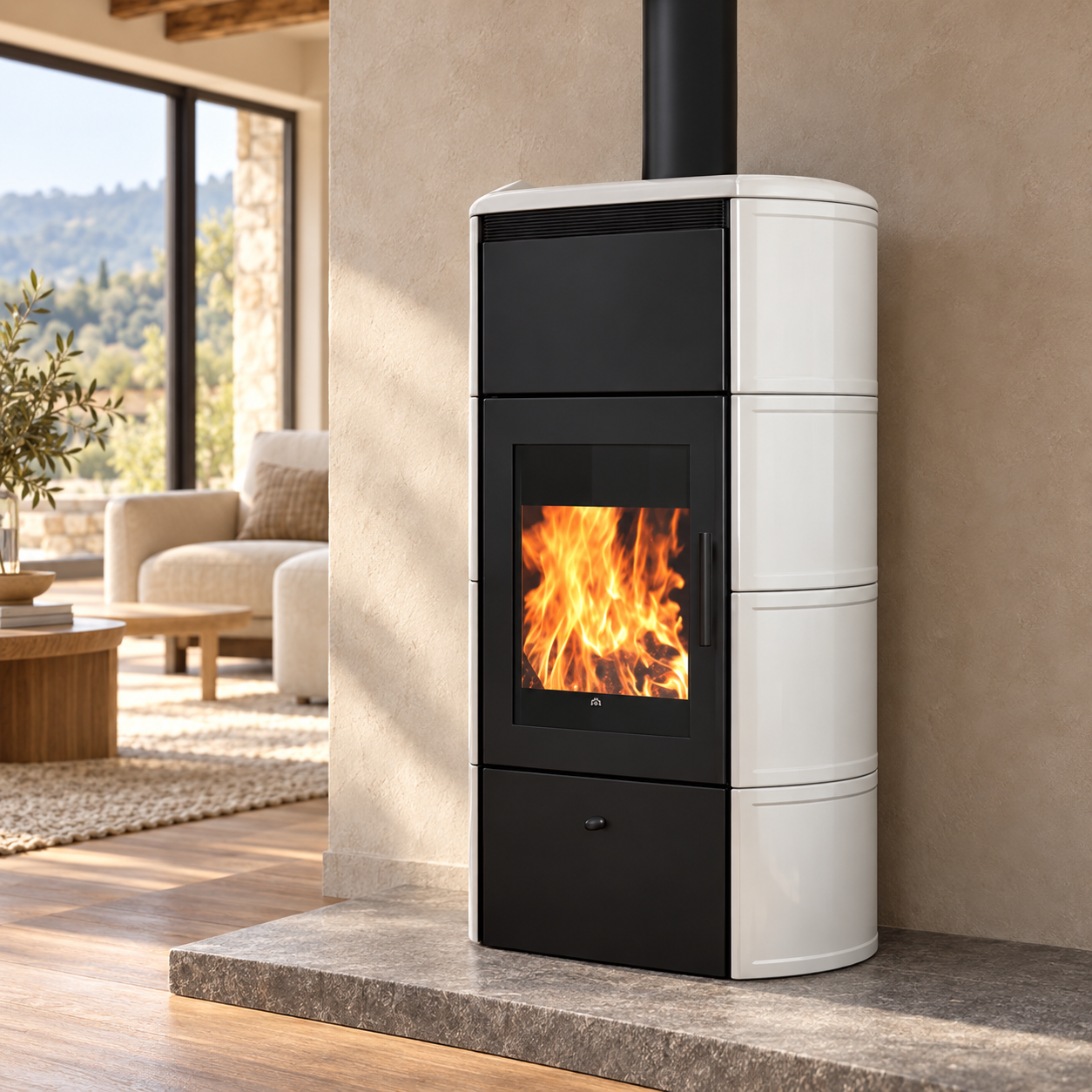 Termostufa Edilkamin Flamma 14 in ceramica bianco panna, ambientazione illustrativa in soggiorno