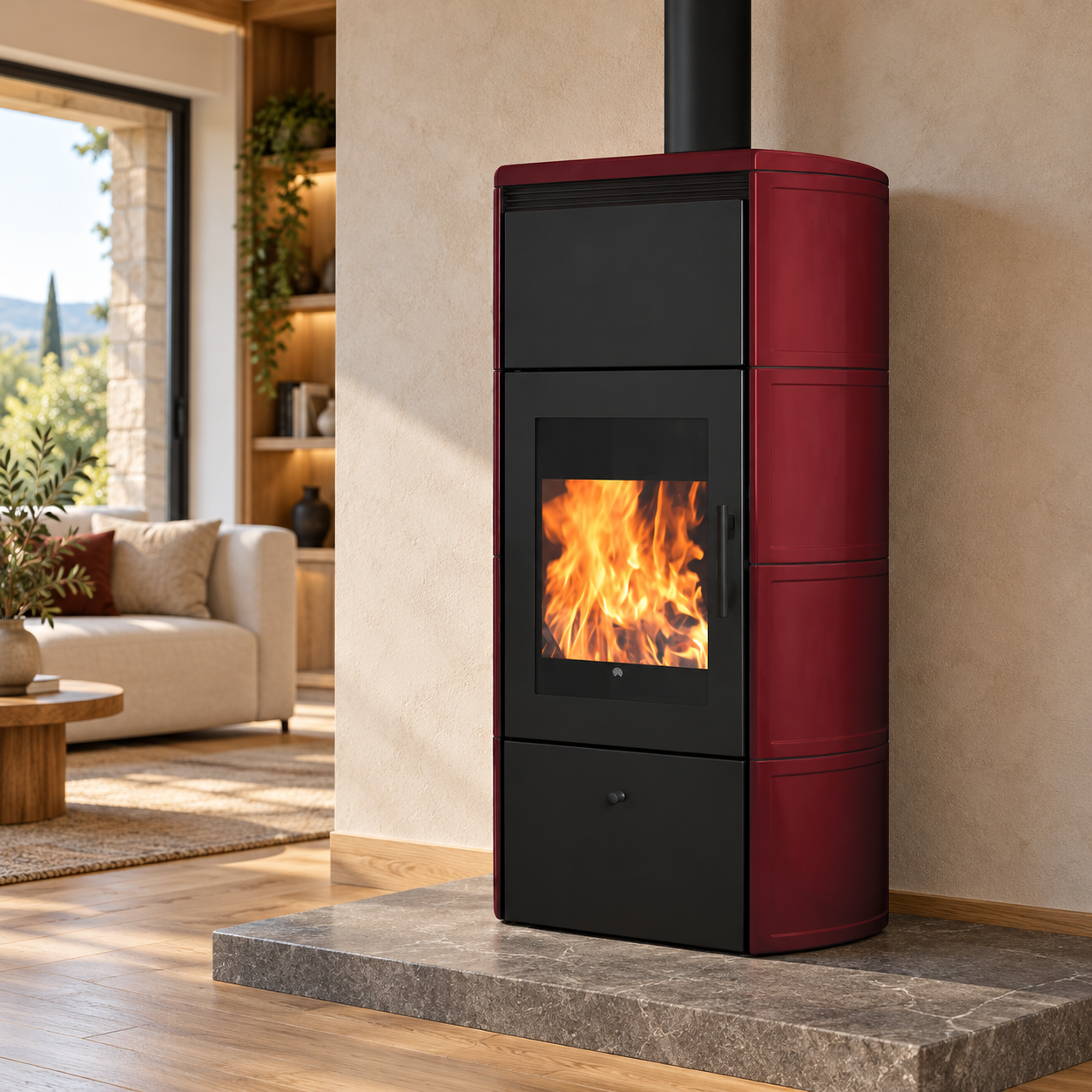 Termostufa Edilkamin Flamma 14 in ceramica bordeaux, ambientazione illustrativa in soggiorno