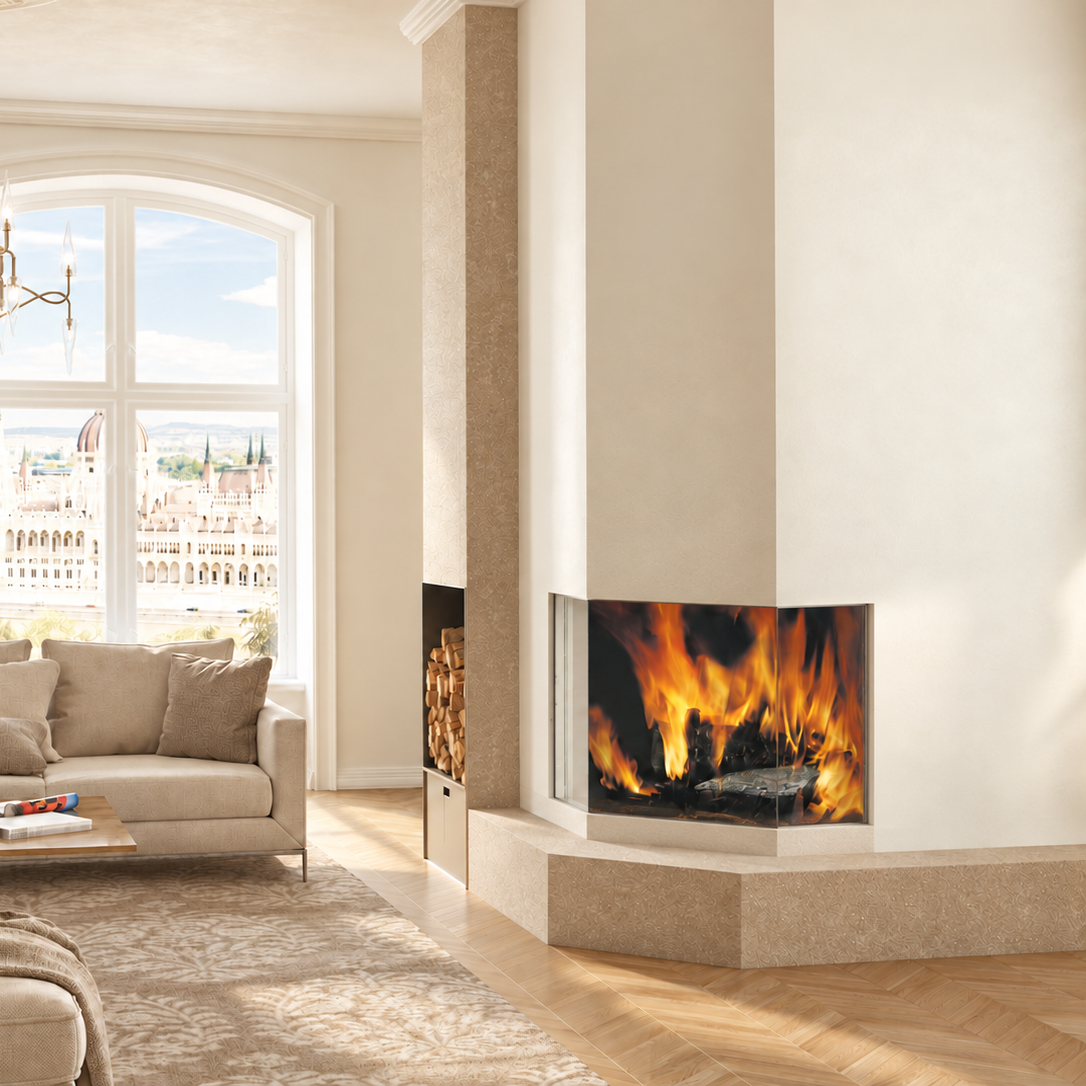 Focolare a legna EK63 Firek 3 V prismatico – ambientazione illustrativa con rivestimento a filo vetro, rivestimento non incluso