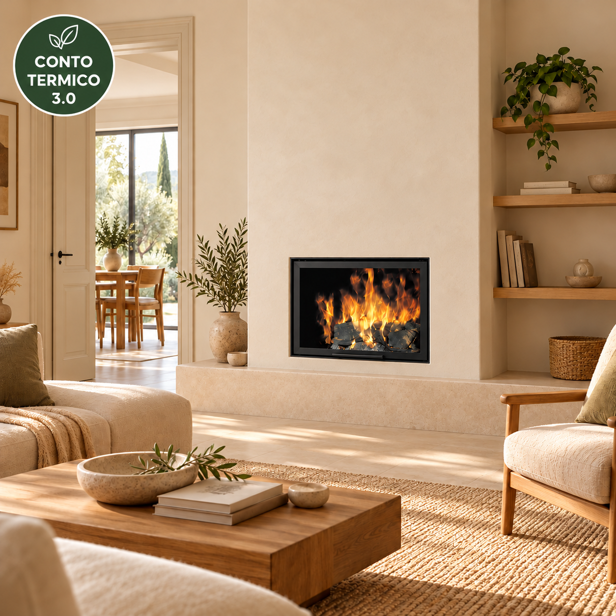 Focolare a legna EK63 Firek Evo 1 V frontale – ambientazione illustrativa da riferimento EK63, rivestimento non incluso – Conto Termico 3.0 soggetto ai requisiti GSE