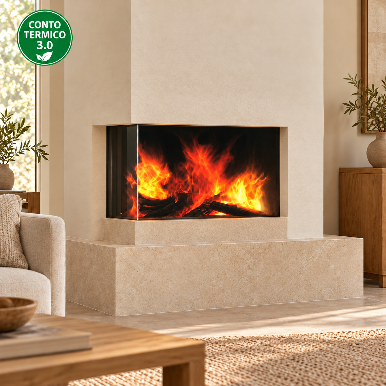 Focolare a legna EK63 Firek Evo 2 L V – lato vetrato sinistro – ambientazione illustrativa con rivestimento a filo vetro, rivestimento non incluso – Conto Termico 3.0 soggetto ai requisiti GSE