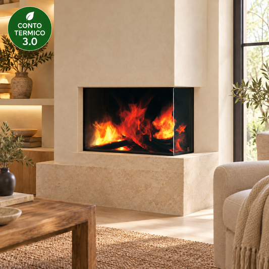 Focolare a legna EK63 Firek Evo 2 R V – lato vetrato destro – ambientazione illustrativa con rivestimento a filo vetro, rivestimento non incluso – Conto Termico 3.0 soggetto ai requisiti GSE