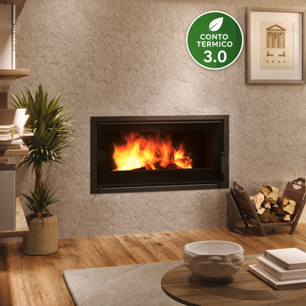 Firepocket 100 Evo in ghisa ambientato con icona Conto Termico 3.0