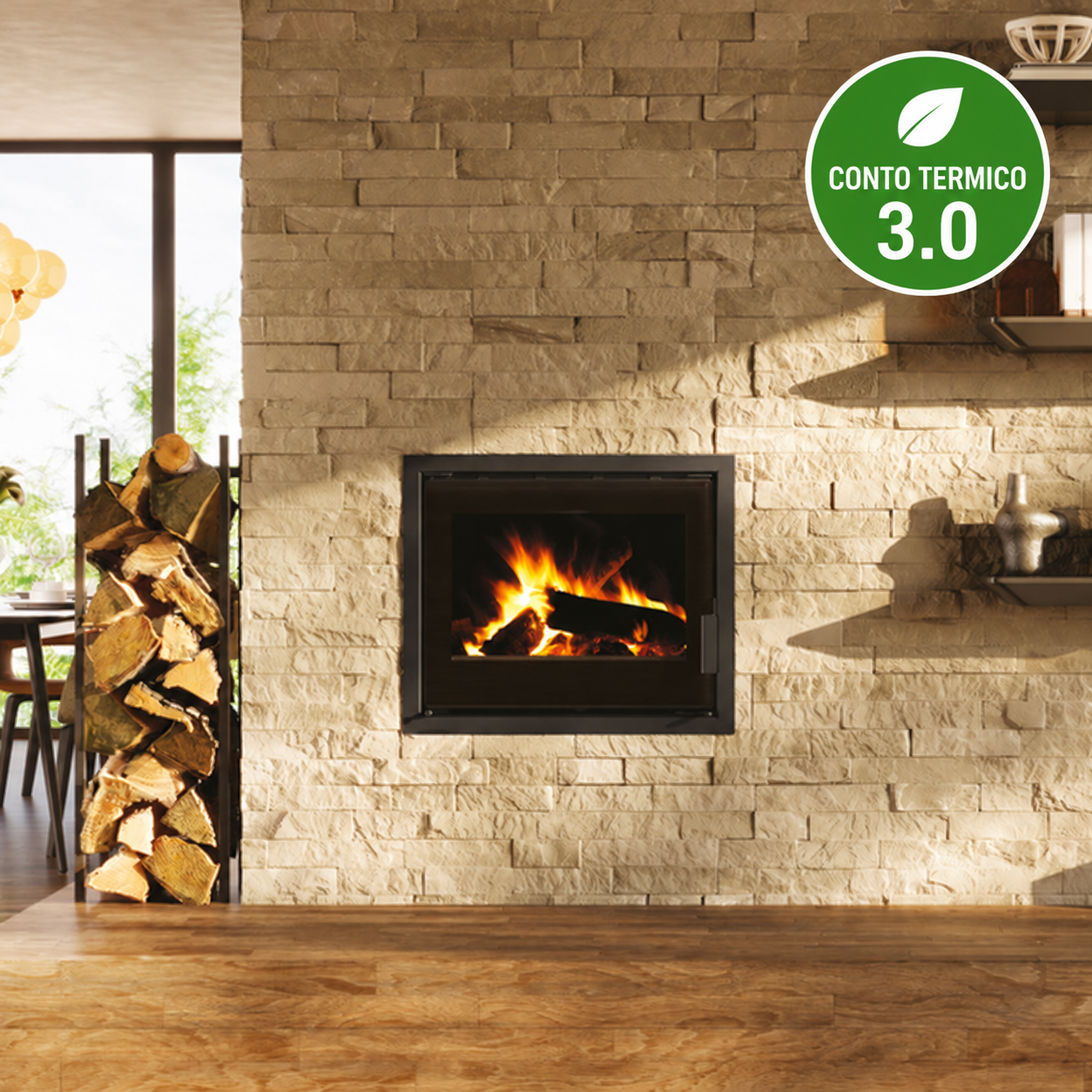 Firepocket 60 Evo in ghisa ambientato con icona Conto Termico 3.0