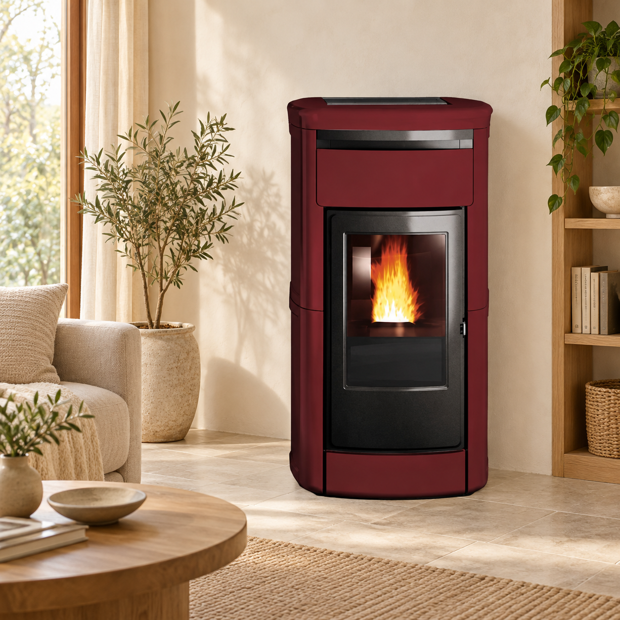 OUTLET – Edilkamin Kira H22 22,5 kW ceramica bordeaux + Kit R – foto ambientata