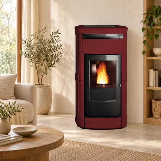 OUTLET – Edilkamin Kira H22 22,5 kW ceramica bordeaux + Kit R – foto ambientata