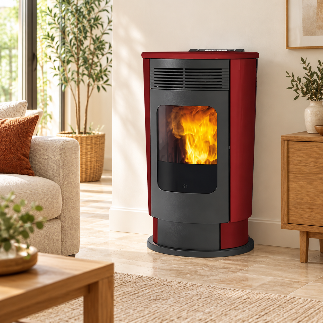 EK Stufa a pellet Mod. Logo ceramica bordeaux  9 kw - Edilkamin - OUTLET – foto ambientata