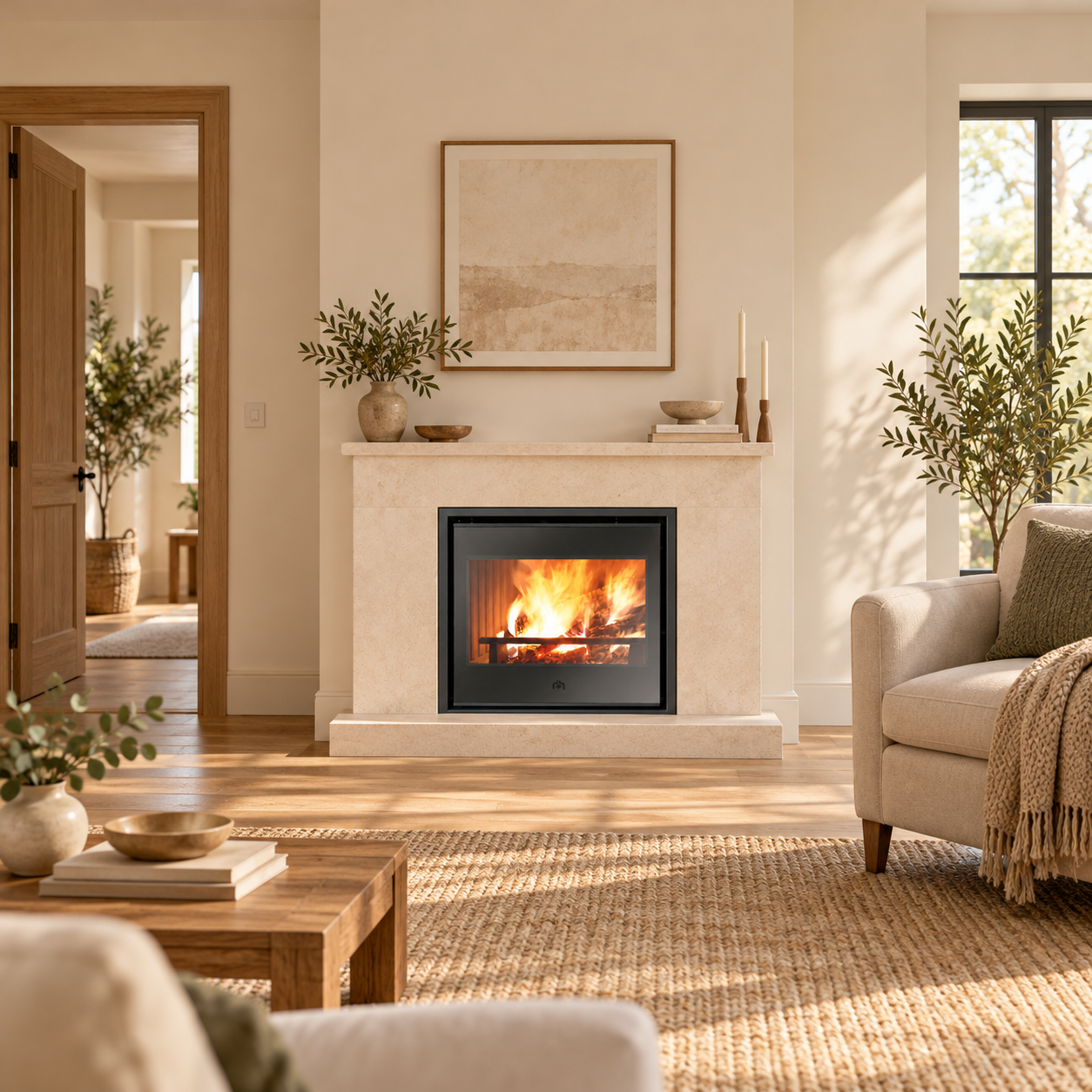Inserto a legna Firebox Luce Plus 9,6 kW - ambientazione illustrativa con proporzioni realistiche; rivestimento e arredi non inclusi
