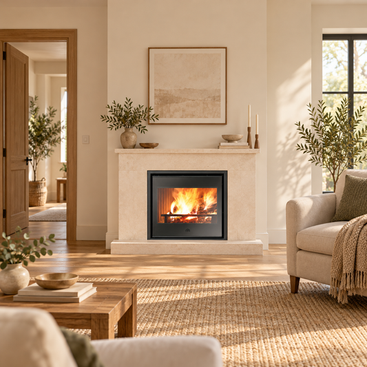 Inserto a legna Firebox Luce Plus 9,6 kW - ambientazione illustrativa con proporzioni realistiche; rivestimento e arredi non inclusi
