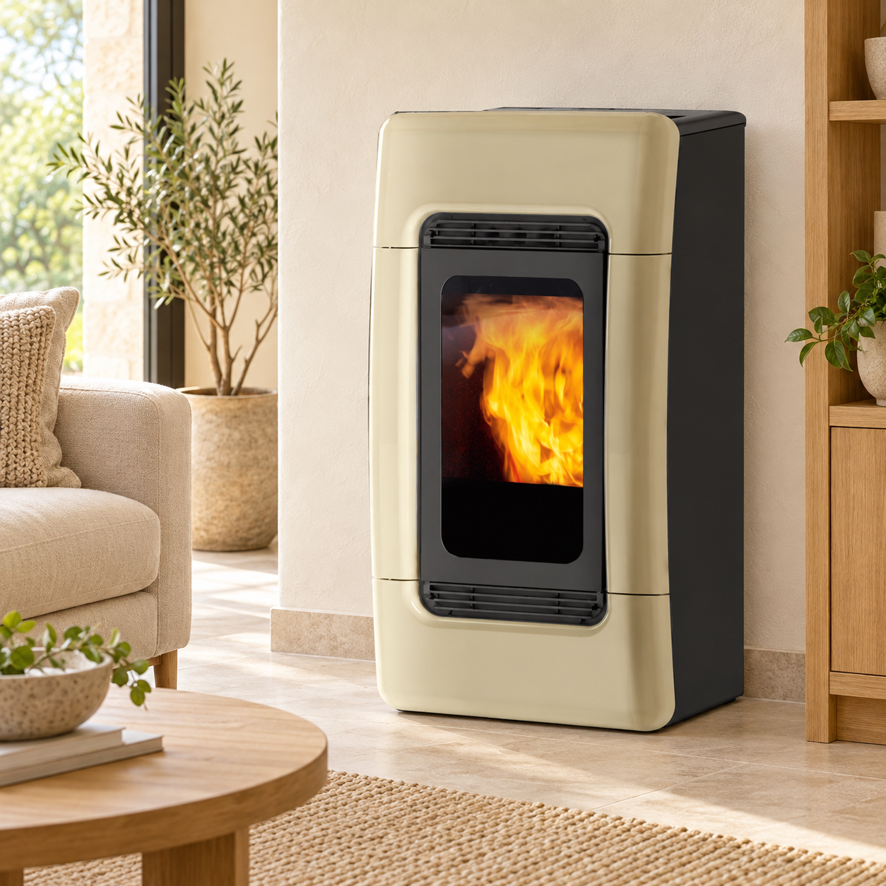 OUTLET – Edilkamin Meg+ 30 kW ceramica pergamena + Kit RS – foto ambientata